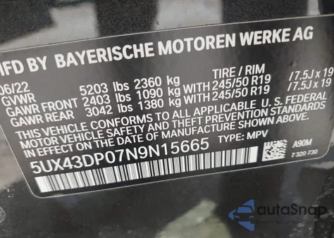2022 BMW X3 Sdrive30I z USA, uszkodzony, nr VIN 5UX43DP07N9N15665